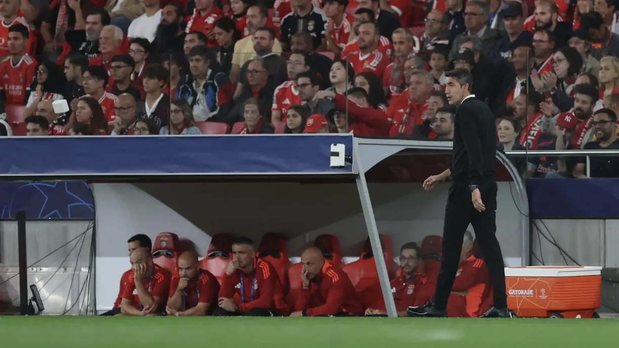 Bruno Lage era um treinador do satisfeito, isto depois da goleada do Benfica, por 4-0, diante do Atlético Madrid, na Liga dos Campeões. Fotografia de SL Benfica