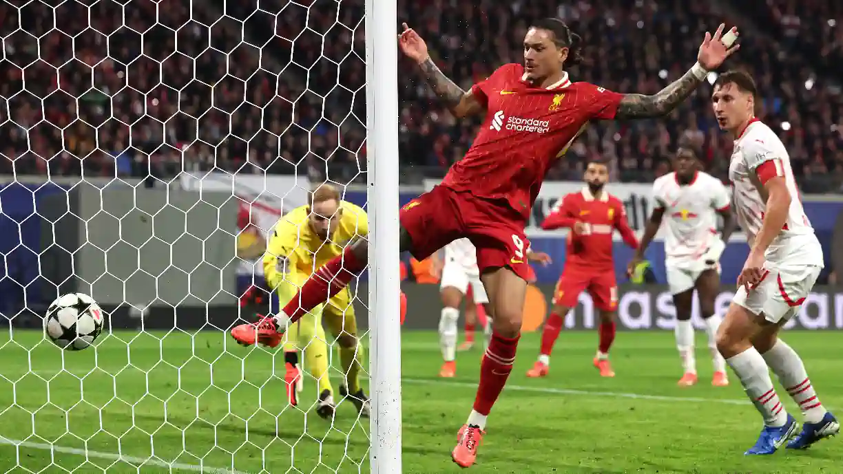 Darwin Núñez, antigo jogador do Benfica, marcou no Leipzig - Liverpool, da Liga dos Campeões. Fotografia de Alexander Hassenstein/Getty Images